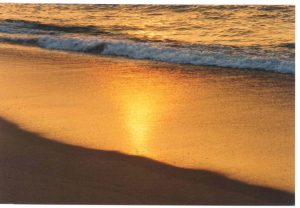 Audio Sample photo image of radiant light shining from the water at the edge of the land on the beach