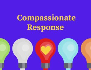 compassionate response logo three lightbulbs of different colours the middle one has a bright heart in it